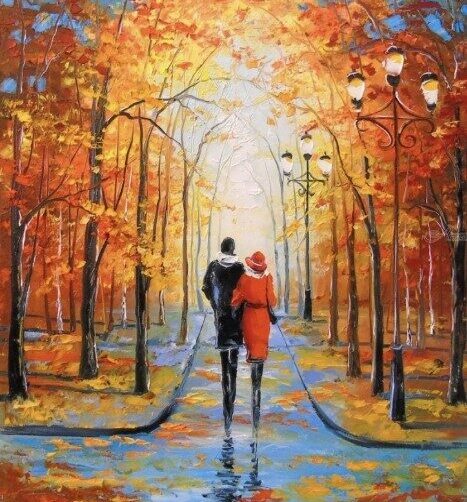 A colorful painting of a couple walking through a park