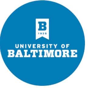 University of Baltimore logo in blue and white. University of Baltimore logo in blue and white.